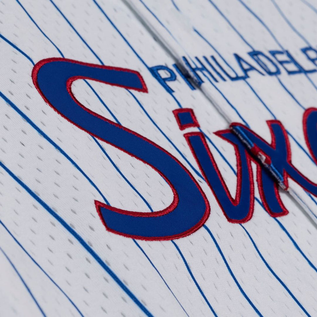 Philadelphia 76ers Mitchell & Ness Head Coach Pinstripe Mesh Full-Button Baseball Jersey - White