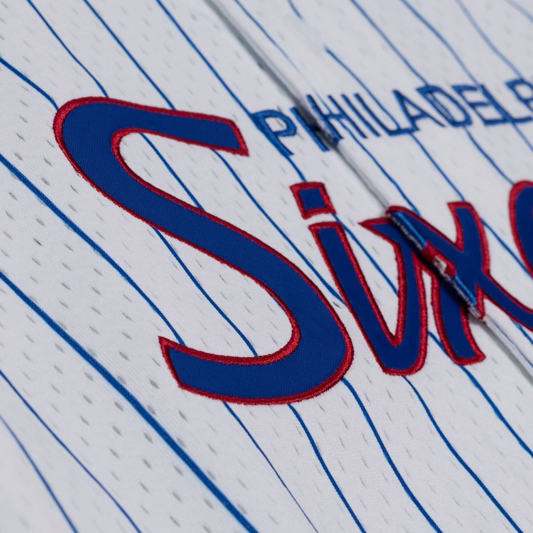 Philadelphia 76ers Mitchell & Ness Head Coach Pinstripe Mesh Full-Button Baseball Jersey - White