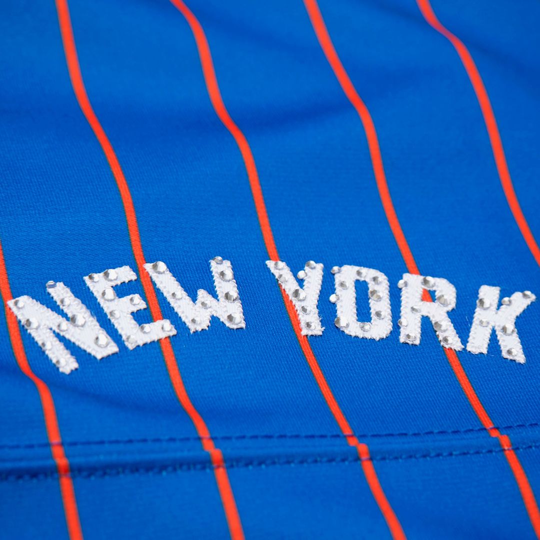 Patrick Ewing New York Knicks Mitchell & Ness x DANNIJO Women's Name & Number Cropped Football Jersey - Blue