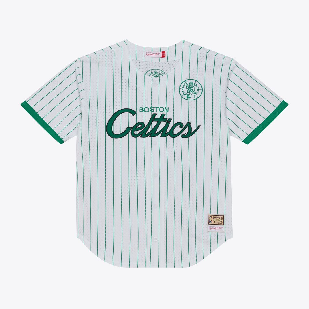 Boston Celtics Mitchell & Ness Head Coach Pinstripe Mesh Full-Button Baseball Jersey - White
