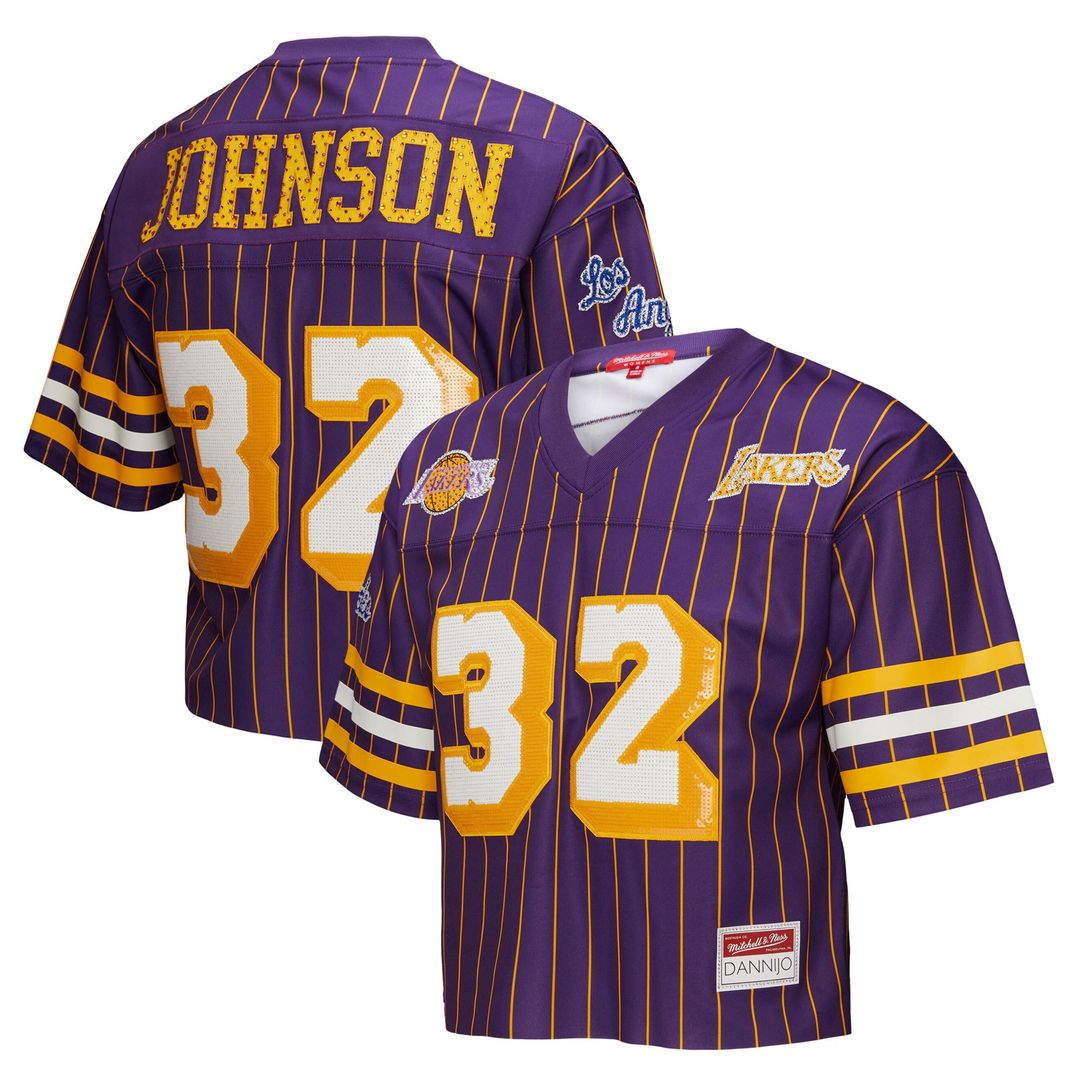 Magic Johnson Los Angeles Lakers Mitchell & Ness x DANNIJO Women's Cropped Football Fashion Jersey - Purple
