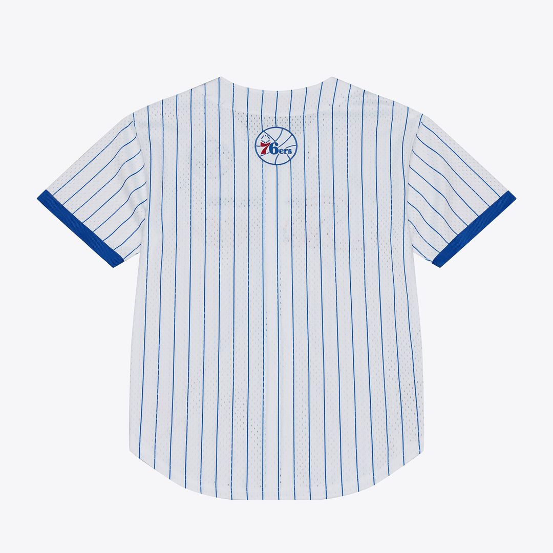 Philadelphia 76ers Mitchell & Ness Head Coach Pinstripe Mesh Full-Button Baseball Jersey - White